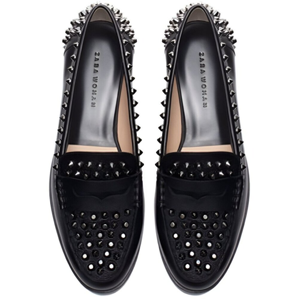 ZARA Spiked Studded Soft Black Real Genuine Leather Loafers Oxford Shoes 6.5 - Picture 1 of 9
